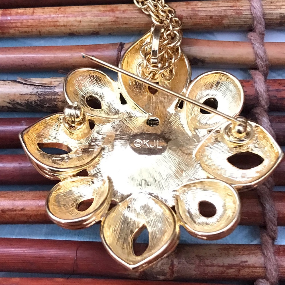 Kennth Jay Lane Gold Tone Chain with Brooch/Pin Pendant Purple Stone 30” - Picture 9 of 12